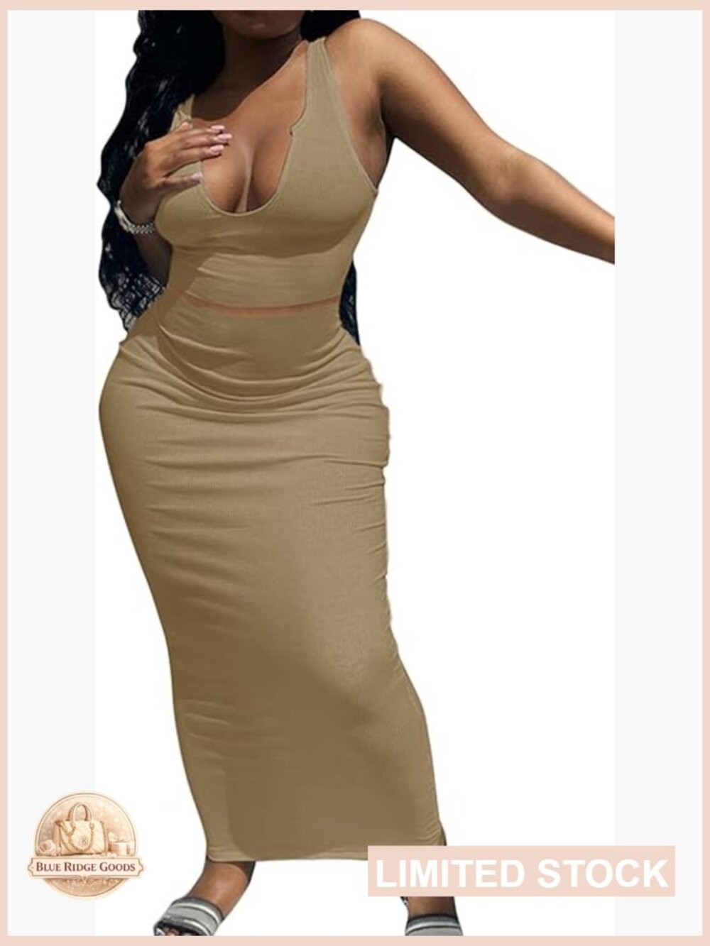 Two Piece Maxi Dress Set Sleeveless Bodycon Deep U Neck Long Skirt Party